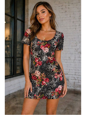 Material Girl Bodycon Dress XL Floral Leopard Print Short Sleeve Mini